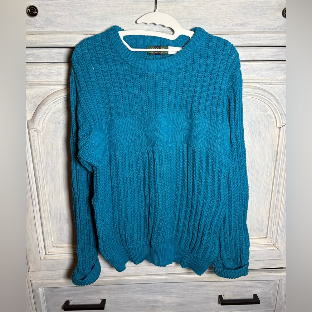 Colours By Alexander Julian Turquoise Chunky Knit Ribbed Grandpa Sweater Cozy